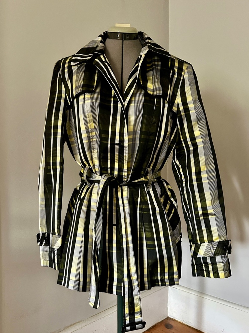 Gallery Striped Plaid Tie-Waist or belt Trench Rain jacket coat